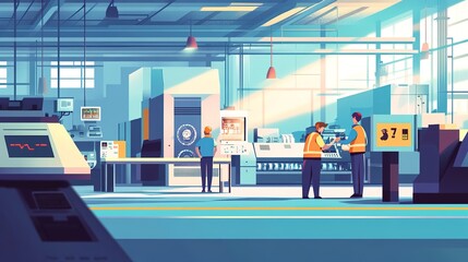Poster - engineers inspecting machinery and ensuring quality control in a factory.