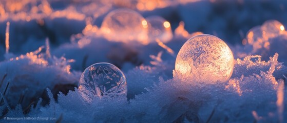 Poster - Intricate ice crystals and bubbles create a captivating frozen landscape at dawn