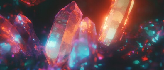 Poster - Vibrant crystals illuminating a dark background with refracting multicolored light