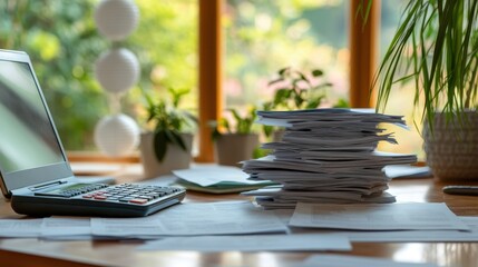 Wall Mural - A cluttered desk with a laptop, calculator, and a stack of documents, surrounded by plants and sunlight filtering through a window.