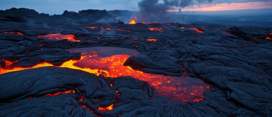 Poster - Glowing lava flows over molten rock illuminated by the fiery glow at dusk in a volcanic landscape