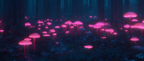 Poster - Glowing mushrooms light up a mystical forest under the dark canopy of towering trees at night
