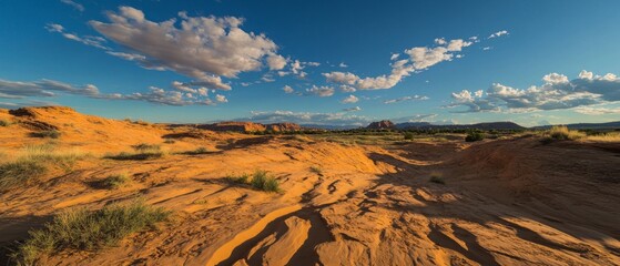 Poster - Golden sand dunes shaped by winds create stunning patterns under a bright blue sky