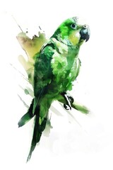 bright green parrot with white feathers, sitting on a brown branch.