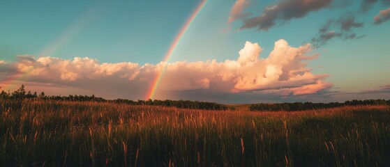 Poster - Rainbow arcs across a vibrant sky above a golden field at sunset