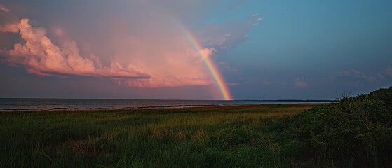 Poster - Stunning rainbow arches over tranquil sea and lush grassland at dusk