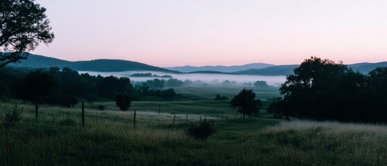 Poster - Soft pink dawn sky illuminating misty valleys and lush landscapes at early morning