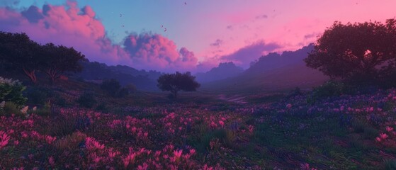 Aufkleber - Soft pink dawn sky illuminating a tranquil landscape with blooming flowers and distant hills