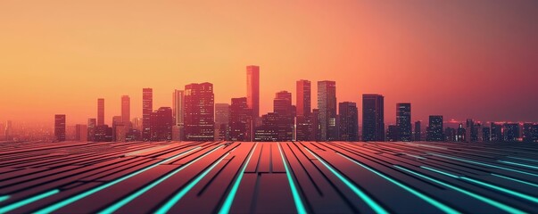 Wall Mural - A futuristic city skyline at sunset, featuring vibrant colors and illuminated lines, creating a dramatic and modern aesthetic.