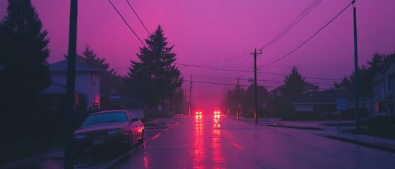 Aufkleber - Vibrant purple twilight sky over a serene neighborhood during evening hours