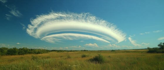 Poster - Clouds artfully swirl in the sky over a vast green field under a bright blue atmosphere