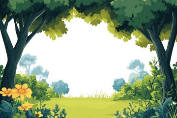 Poster - Calm forest clearing with bright flowers and lush greenery perfect for adding text or message. Generative AI