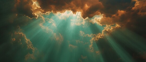 Poster - Sunbeams illuminate the sky through dramatic cloud formations at sunset over an open landscape