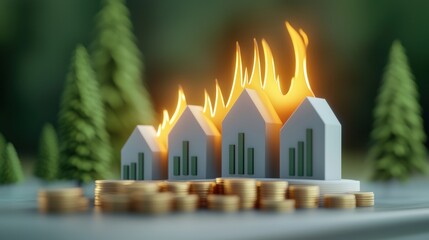 Wall Mural - A visual representation of houses with flames, symbolizing financial loss or crisis, surrounded by coins, suggesting economic instability.