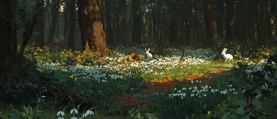 Poster - Spring forest with snowdrops and Easter hares enjoying the blooming landscape