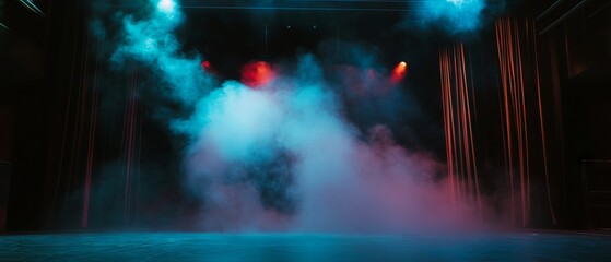 Poster - Fog and colored lights create a mysterious atmosphere on stage in an empty theater