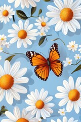 Wall Mural - Colorful nature print with yellow flowers and orange and black butterfly on blue background.