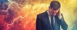 © Galina - art collage of puzzled businessman hold head tiredness lightning pressure depressed mood weakness on colorful background