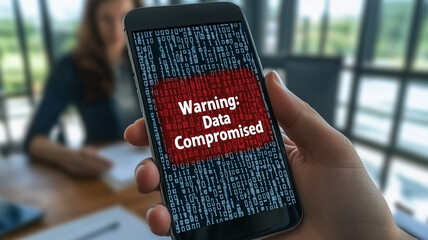 Poster - Data Breach Warning: A close-up shot of a hand holding a smartphone displaying a 