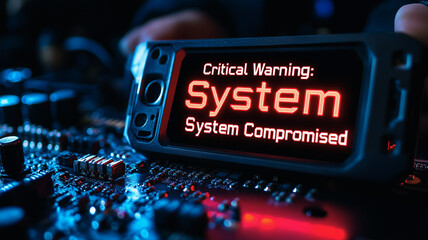 Poster - System Warning: Red alert message flashing on a screen, a close-up of a  device displaying the words 
