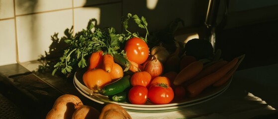 Poster - Vibrant still life of mixed vegetables highlighting nutrition and color in a cozy kitchen setting