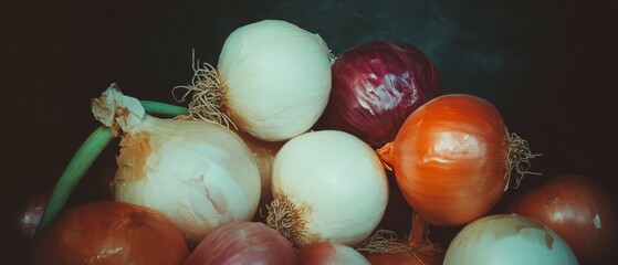 Poster - Varied shapes and colors of onions create an aromatic still life display in natural lighting