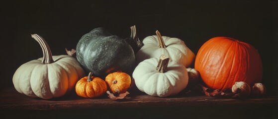 Aufkleber - Winter squash still life displaying diverse shapes and colors on a rustic table