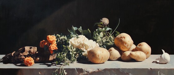 Poster - Varied shapes and colors of potatoes displayed on a rustic surface with floral accents