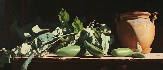 Poster - Still life arrangement highlighting fresh fava beans and their vibrant green pods