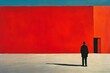 © jambulart - Man contemplates doorway, large red wall backdrop.
