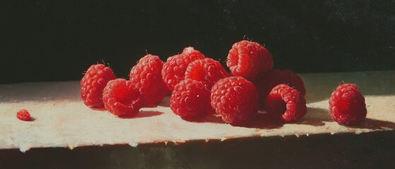 Poster - Ripe red raspberries arranged on a rustic surface showcasing their rich color and delicate texture