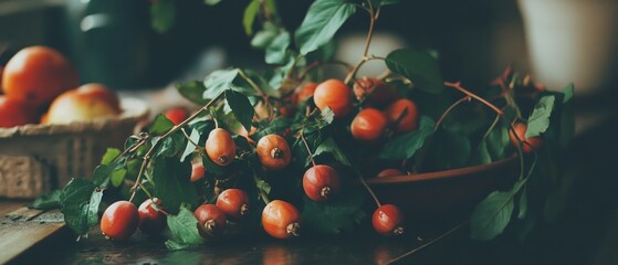 Aufkleber - Ripe rose hips arranged in a natural still life highlighting their vibrant color and texture