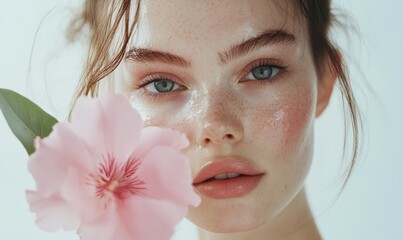 Wall Mural - Beautiful model poses with pink flower in soft natural light showcasing her radiant features