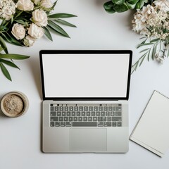 Poster - Work space featuring a laptop on a desk surrounded by fresh flowers and a notepad ready for note taking or brainstorming activities. Generative AI
