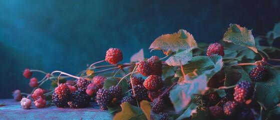 Poster - Ripe mulberries displayed in a still life, showcasing their vibrant purple color and succulent texture
