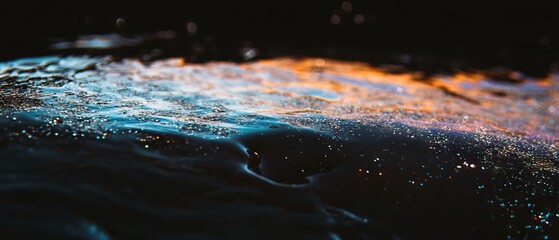 Poster - Viscous dark liquid creates a glossy sheen against a black background with subtle reflections