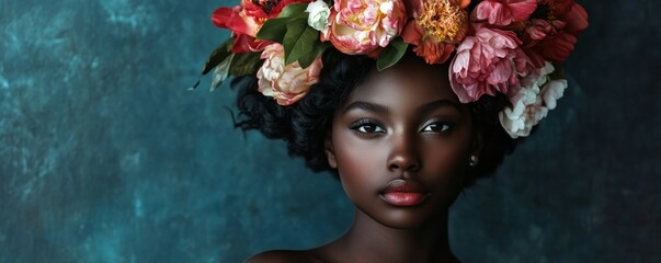 Wall Mural - Black Woman dressed in floral headband with flowers on her head