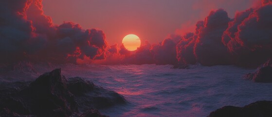 Poster - Vibrant orange sunset casts colorful reflections over ocean waves at dusk