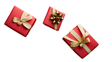 Wall Mural - top view of christmas presents wrapped in red paper with gold ribbon and bow decoration isolated aga