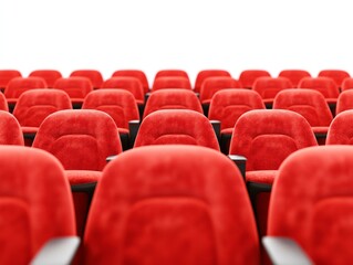 Rows of empty red theater chairs in a symmetrical layout evoking anticipation and focus ideal for event advertising and cultural branding