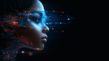 Poster - Digital Evolution: A captivating portrait of a woman with a mesmerizing digital overlay, blending the physical and virtual realms, suggesting the transformative power of technology.