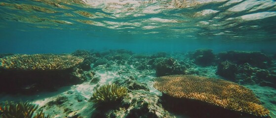 Poster - Vibrant coral reef teeming with diverse marine life in a crystal clear ocean setting