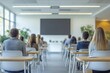 © lublubachka - Students engaged in a seminar in a modern classroom setting with plants and a large screen at the front