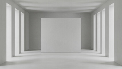Poster - The hall is designed with a minimalistic aesthetic, utilizing a modern light grey color scheme and incorporating a mock-up wall in an empty setting