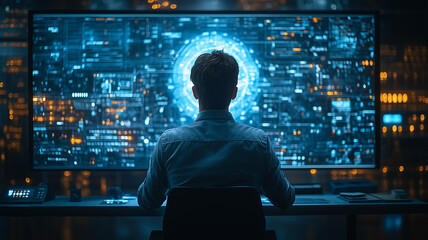 Poster - Data Analyst at Work:  A lone programmer or data analyst sits at a desk facing a large monitor filled with complex data visualizations and graphs, immersed in a world of algorithms and information.