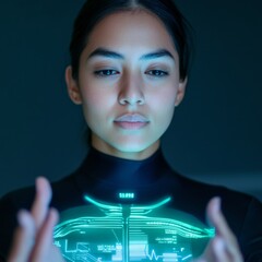 Poster - Futuristic Wellness Aesthetic South Asian Health Coach with Holographic Metrics in Teal - Biofeedback and Biometric Tracking for Modern Fitness Solutions
