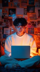 Aufkleber - Neon Aesthetic Study Space Young Man with Laptop in Collage Decor - Modern Digital Learning and Creative Innovation for Gen Z Empowerment