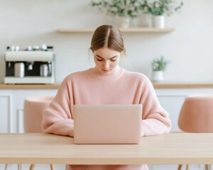 Poster - Soft Minimalist Workspace Young Professional Woman with Laptop in Pastel Coworking Space - Flexible Design for Modern Corporate Culture and Hybrid Work Solutions