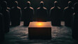 © Arush - A mysterious scene with shadowy figures surrounding a glowing box, creating an atmosphere of intrigue and contemplation.