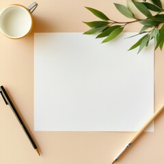 Aufkleber - Empty workspace with copy space featuring a clean background, stationery, and greenery. Generative AI